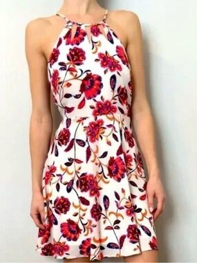 Express White Pink Floral Mini Dress Size 2 Fit & Flare Halter